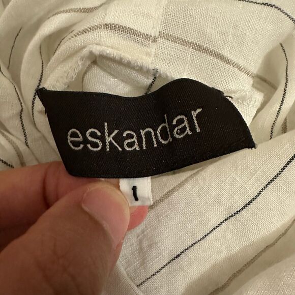 NWOT ESKANDAR White Linen Monk Cowl Neck Top Lagenlook in Stripe Sz 1 (10-12) - Picture 9 of 14